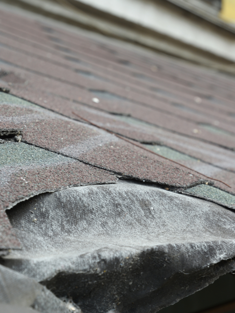 Torn roof shingle due to wind damage, a common repair job for Appalachian Contractors